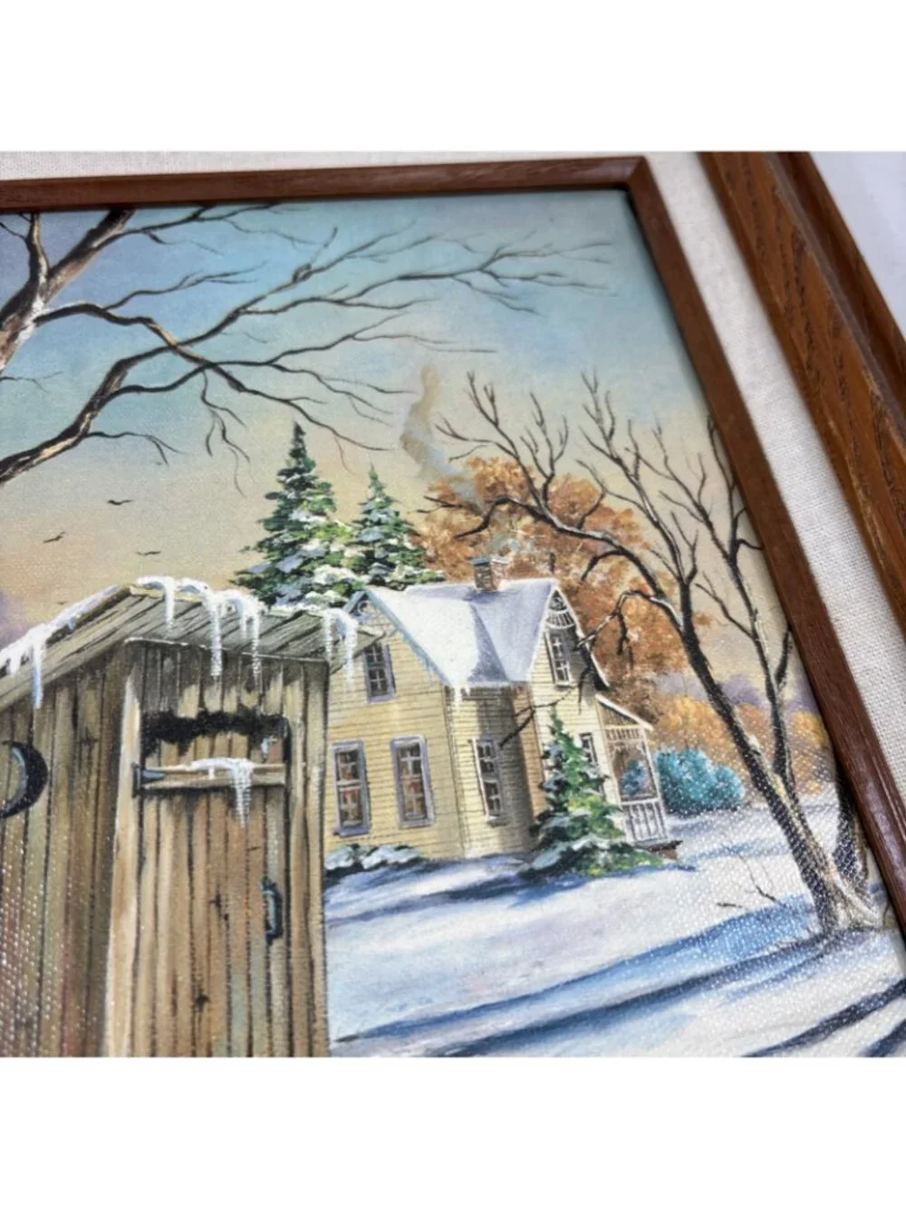 Framed Lithograph Painting Rustic Winter Scene Outhouse Farmhouse Cottagecore